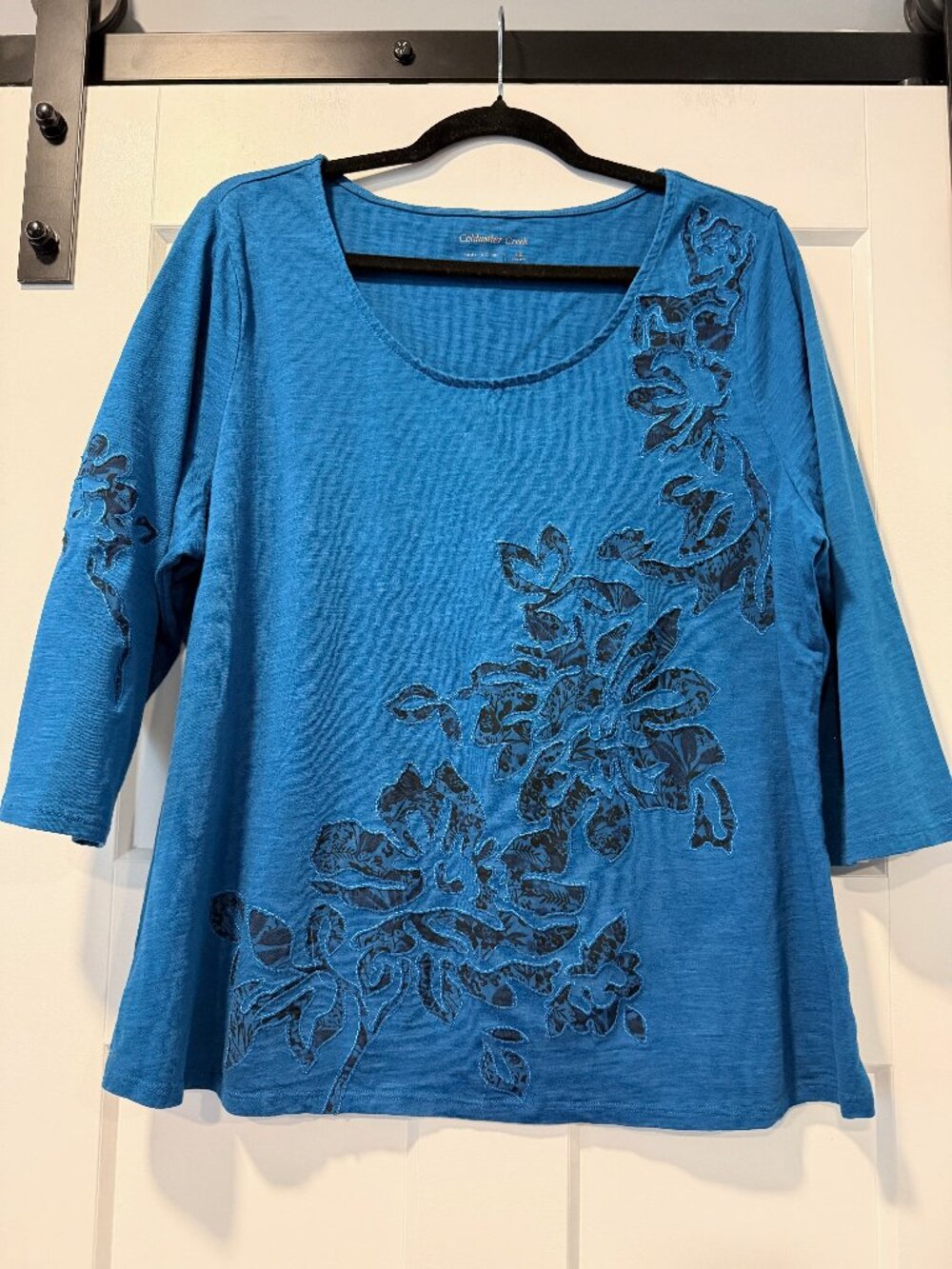 Coldwater Creek Teal Floral Embroidered 3/4-Length Sleeve Tee